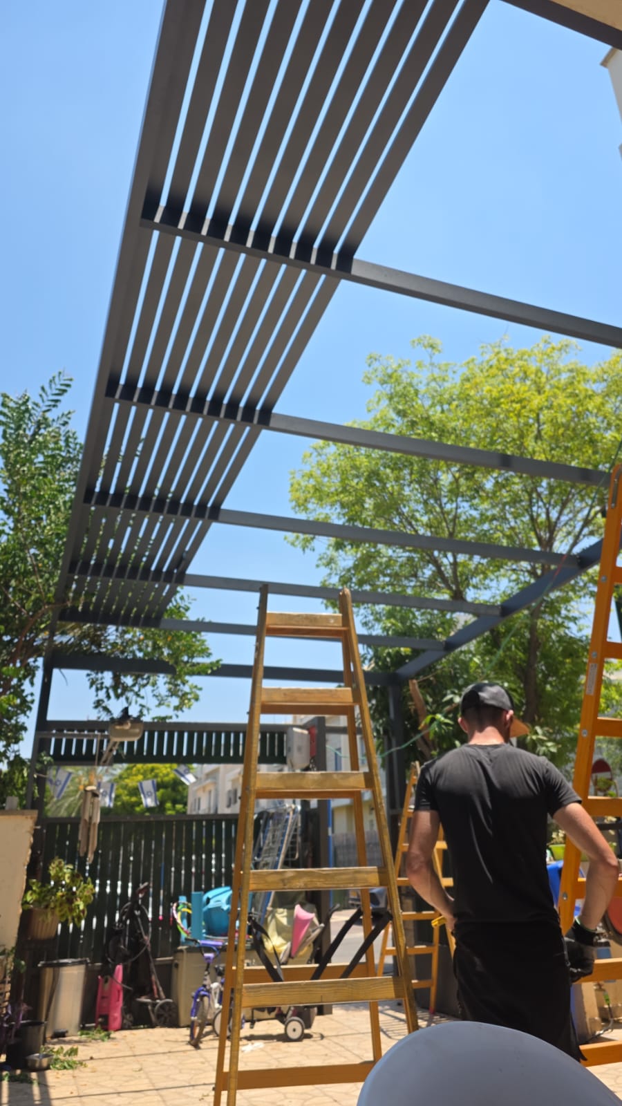 Wooden pergola with outdoor seating
